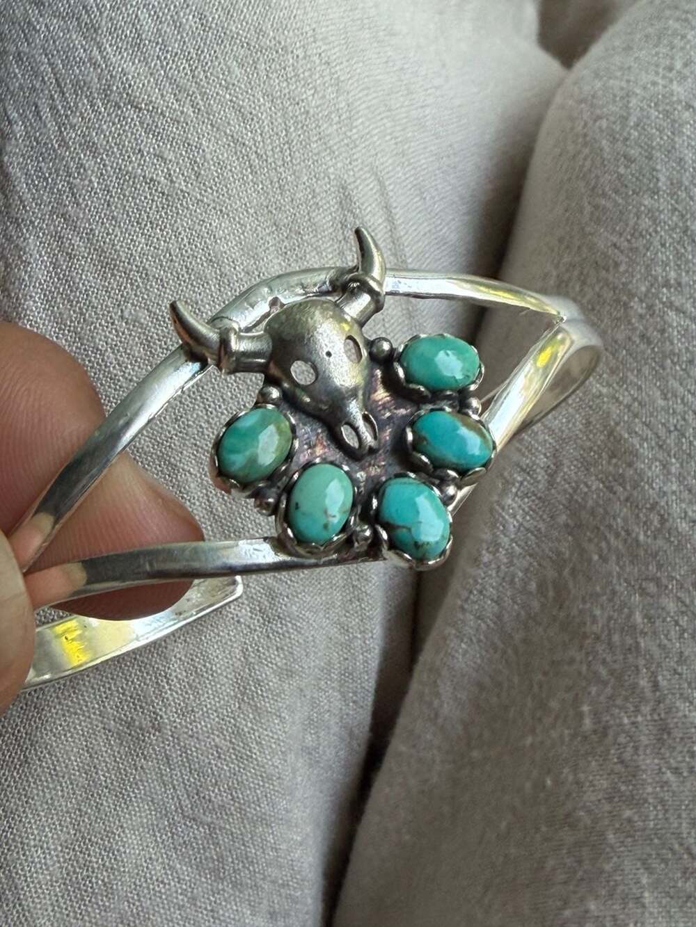 Navajo Sterling Silver 925 Bull Skull Turquoise Cuff Bracelet